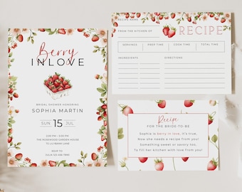 Berry in Love Bridal Shower Bundle, Berry Sweet Recipe Request Card, Editable Strawberry Invite Template, Printable Berry Bridal Decor, B01