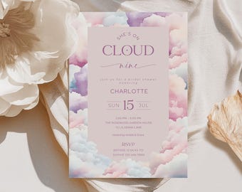 Op Cloud Nine bruids doucheuitnodiging, The Bride is on Cloud 9, bewerkbare uitnodigingssjabloon, afdrukbare bruiloft douchekaart, CL01