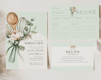 Sage Whisked Away Bridal Shower Invitation with recipe card, Floral Bridal Invite, Stock the Kitchen Bundle, Cooking Theme Template
