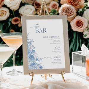 Toile Wedding Bar Menu Template, Dusty Blue Chinoiserie Bar Sign, Traditional Floral Drink Signage, Vintage French Roses Signage, C1