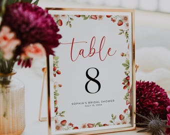 Berry in Love Bridal Shower Table Numbers | Strawberry Bridal Brunch Table Card Sign | Summer Berry Bridal Decor | Printable Template | B01