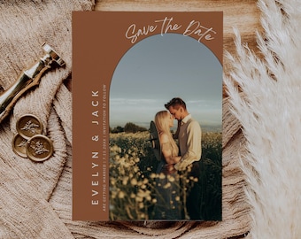Réservez le modèle en terre cuite rustique, faire-part de mariage automne bohème, modifiable avec une carte photo, orange brûlé, réservez notre date