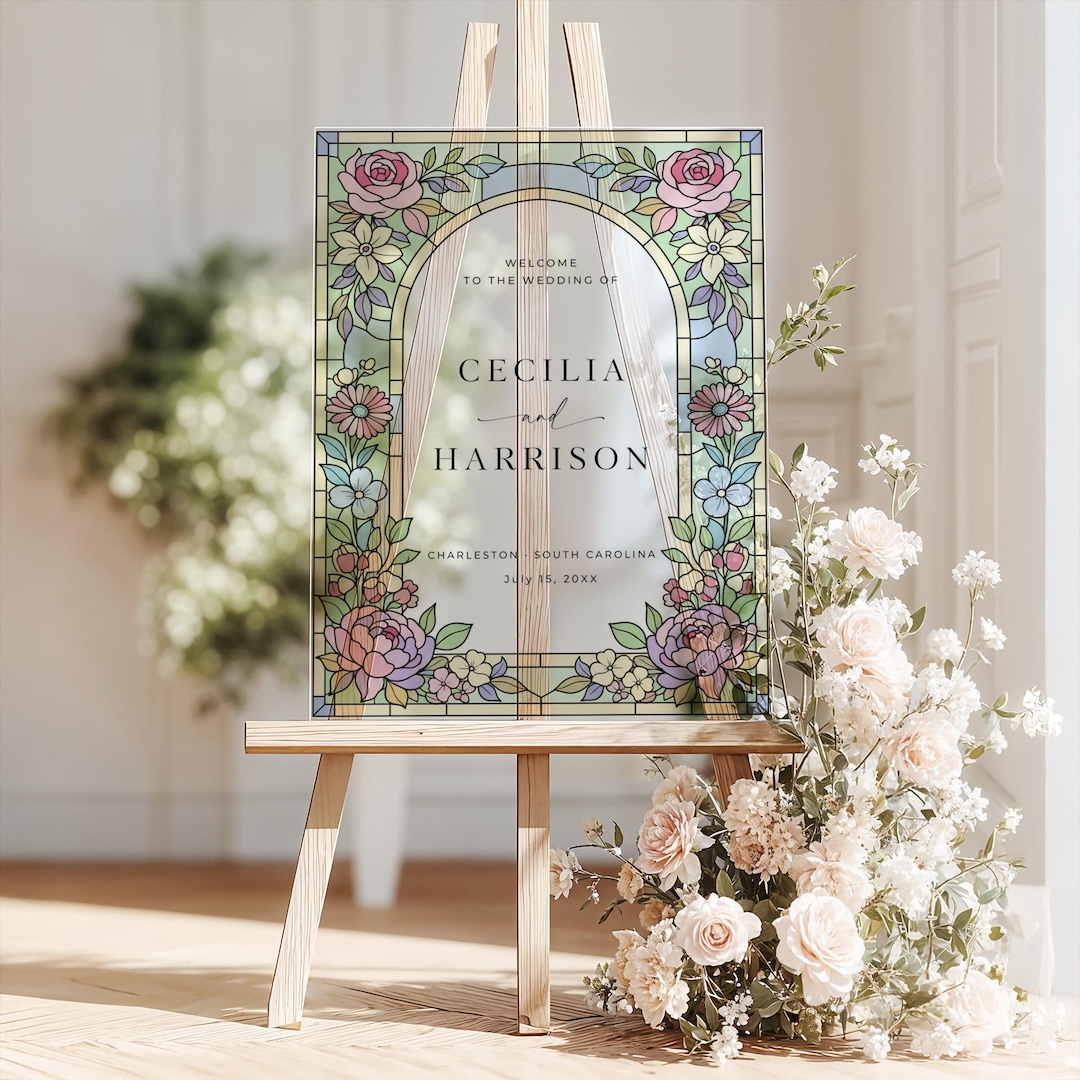 Paintable Sign Material Floral Stained Glass Welcome Sign Template, Faux Stained Glass Wedding ...