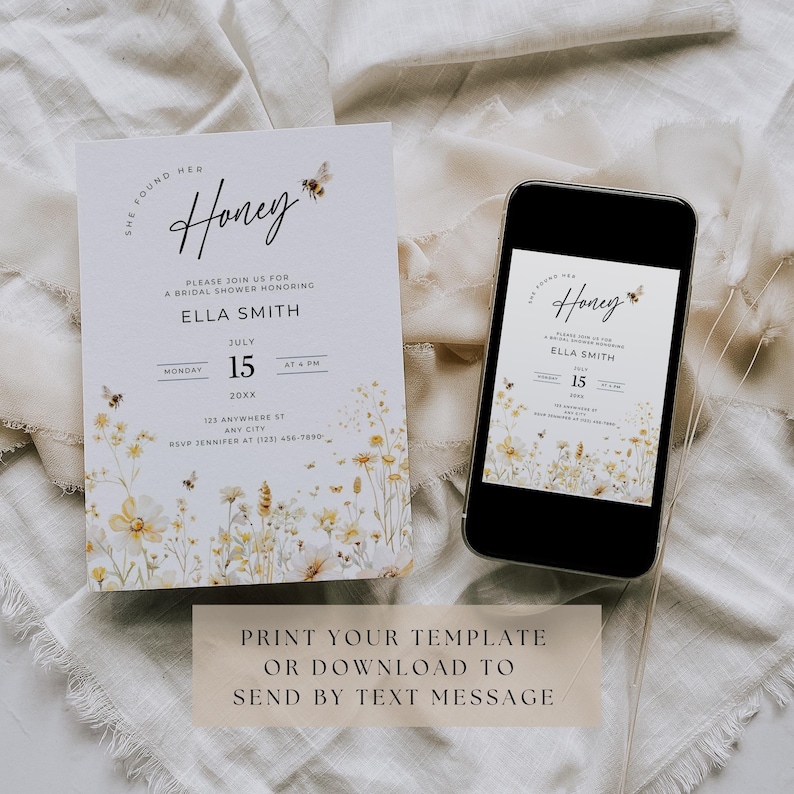 Elle a trouvé son faire-part de douche nuptiale au miel, modèle modifiable destiné à l'abeille, mariée à l'abeille fleurs sauvages de mariage, invitation imprimable, HB01 image 5