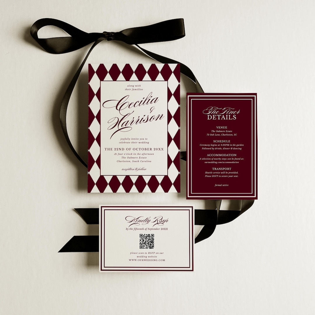 Burgundy Old Money Wedding Invitation Suite | Retro Diamond Pattern ...