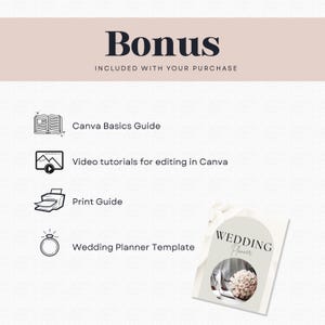 Peut inclure: Un mod&egrave;le de planificateur de mariage num&eacute;rique avec un guide de base Canva en prime, des tutoriels vid&eacute;o et un guide d'impression. L'image pr&eacute;sente le mot "Bonus" en haut et les mots "Wedding Planner" sur le mod&egrave;le.