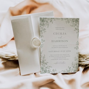 Editable green toile wedding invitation template featuring sage chinoiserie floral design, vintage French toile de Jouy pattern, and traditional elegant wedding card style
