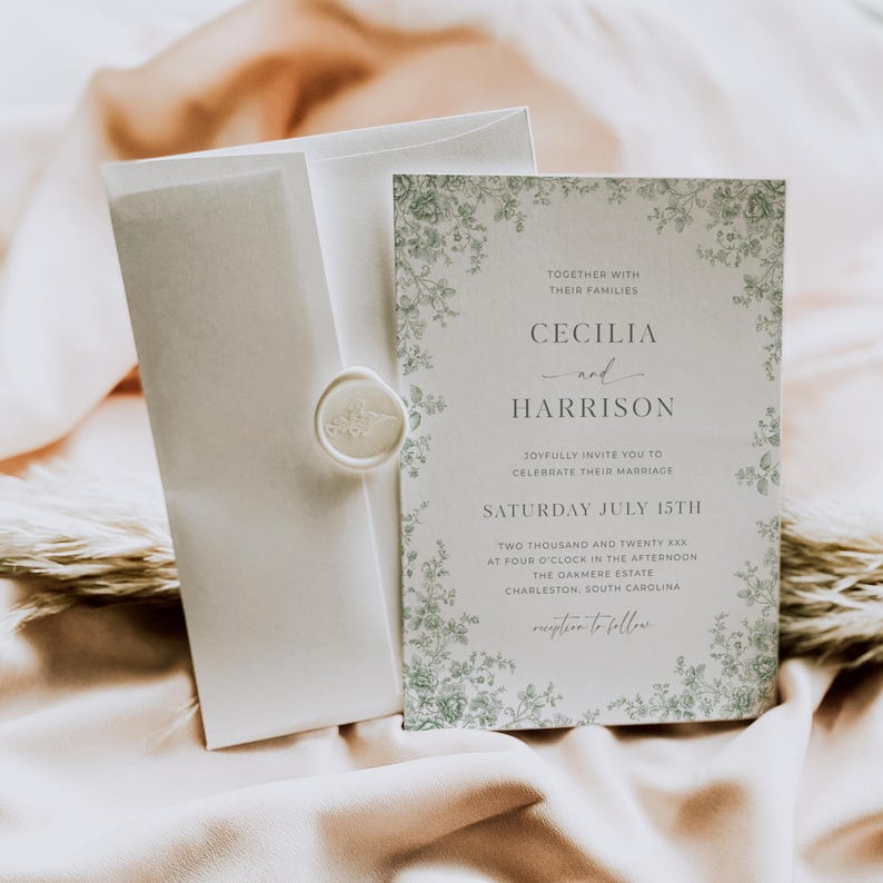 Editable green toile wedding invitation template featuring sage chinoiserie floral design, vintage French toile de Jouy pattern, and traditional elegant wedding card style