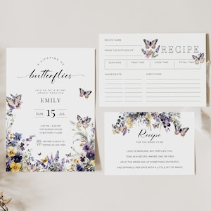 Lifetime of Butterflies bruids douche bundel, vlinder recept verzoekkaart, bewerkbare wilde bloemen uitnodigingssjabloon, bloemen bruids decor, B1