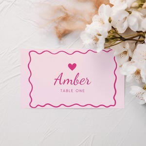 Configuração de cartão de lugar rosa, cartão de nome para chá de panela, cartão de mesa de recepção de casamento fúcsia editável, decoração para chá de panela, download instantâneo PM01
