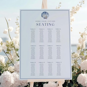 Seashell Wedding Seating Chart, Coastal Beach Wedding Sign, Editable Ocean Theme Guest Arrangement, Nautical Find Your Seat Template, S1