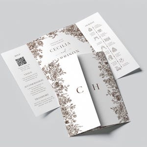 May include: A tri-fold wedding invitation suite featuring brown floral illustrations on white paper. The front displays the initials CH, while the interior includes event details for Cecilia and Harrison, a QR code for RSVP, and a timeline labeled Our Day.