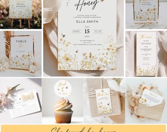 Elle a trouvé son paquet de douche nuptiale au miel, suite d'invitations pour la mariée et les abeilles, modèles modifiables sur le thème des abeilles, décoration florale de mariée imprimable, HB01