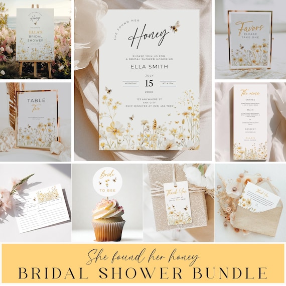 She Found Her Honey Bridal Shower Bundle, Bride to Bee Invitation Suite, Editable Bee Theme Templates, Printable Floral Bridal Decor, HB01