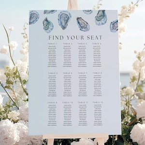 Tableau des tables pour mariage d'huîtres, panneau « Find Your Seat » côtier, plan de table nautique modifiable, modèle d'arrangement pour les invités de mariage sur la plage, IS2