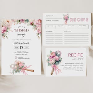 Vrijgezellenfeestuitnodiging en receptenkaart, roze pastelkleurige bloemenuitnodiging, Stock the Kitchen-bundel, kookthemasjabloon, WH3
