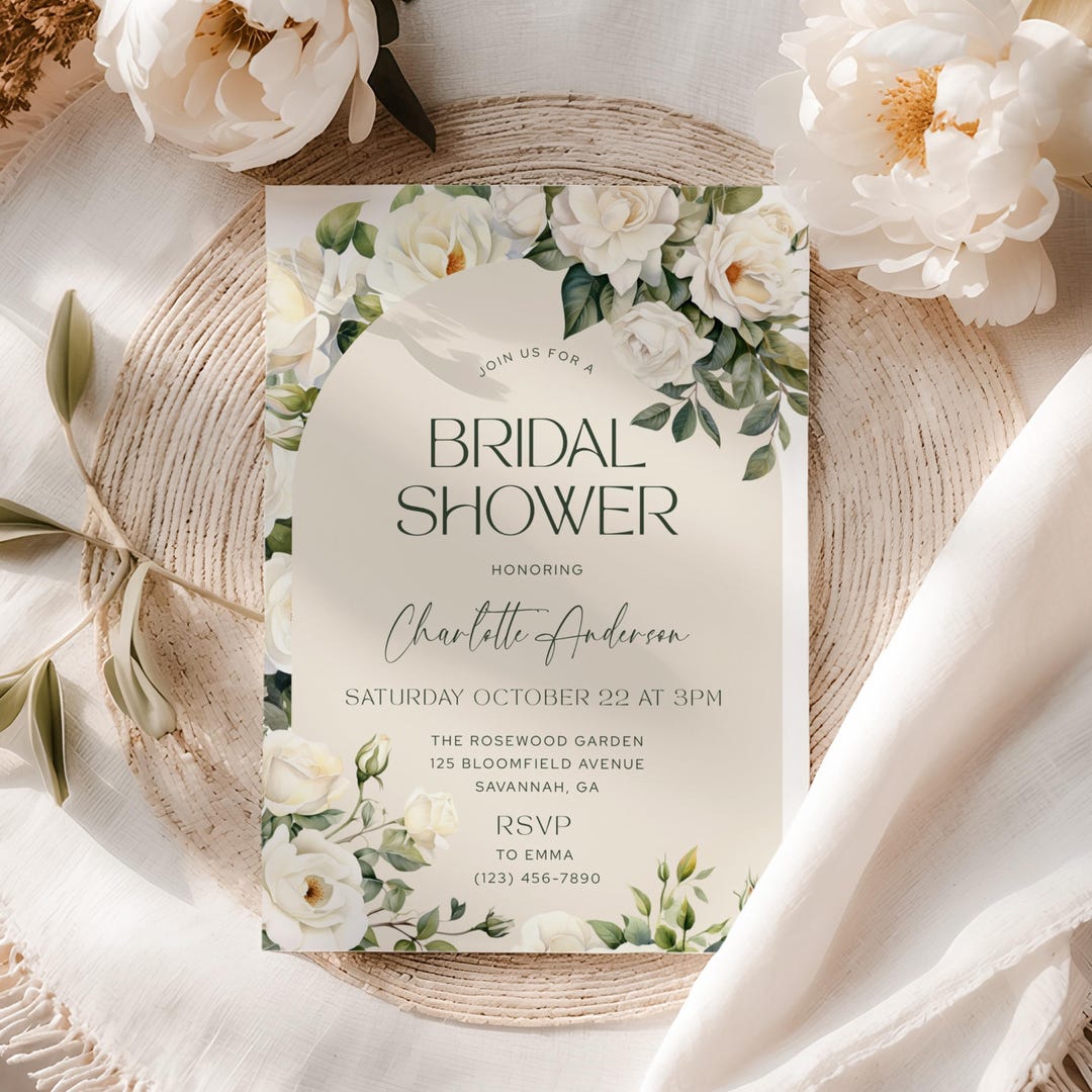 Creamy Rose Bridal Shower Invitation, White Roses Invite Template ...