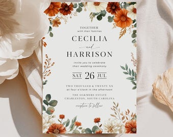Plantilla de invitación de boda otoñal / Invitación de terracota con flores otoñales / Tarjeta de boda rústica en naranja quemado / Papelería imprimible de Canva / C3