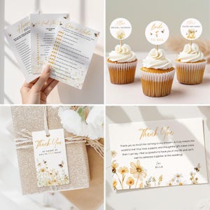 May include: A collection of bridal shower stationery and decorations. Includes game cards, cupcake toppers, gift tags, and thank you cards. The designs feature bee and floral motifs in gold and white. The text includes "Honey Do", "He Said She Said", "Over or Under", "Ella's Bridal Shower", "Bride to Bee", and "Thank You".