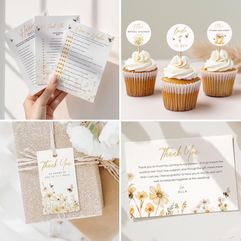 May include: A collection of bridal shower stationery and decorations. Includes game cards, cupcake toppers, gift tags, and thank you cards. The designs feature bee and floral motifs in gold and white. The text includes "Honey Do", "He Said She Said", "Over or Under", "Ella's Bridal Shower", "Bride to Bee", and "Thank You".