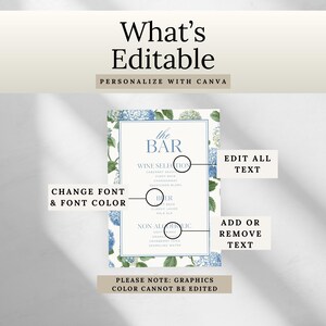 Elegant blue hydrangea wedding bar menu sign featuring soft blue hydrangea florals and greenery surrounding a classic framed drink menu layout. Floral bar menu sign designed for wedding receptions, garden weddings, and elegant outdoor celebrations. Editable and printable Canva template perfect for hydrangea themed weddings, blue floral wedding decor, signature drink menus, and sophisticated wedding bar signage.