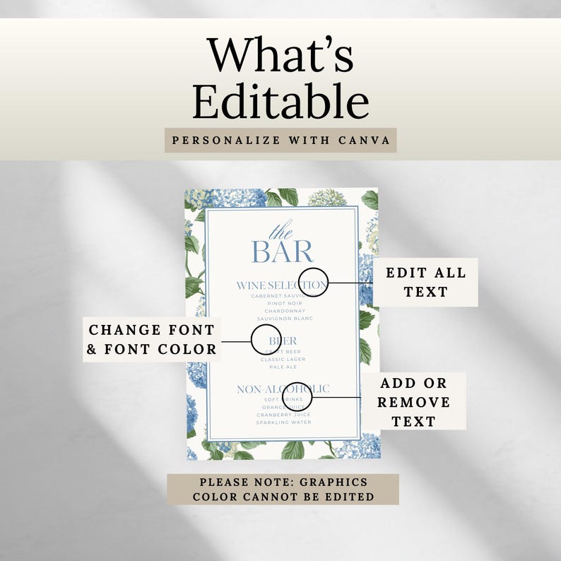 Elegant blue hydrangea wedding bar menu sign featuring soft blue hydrangea florals and greenery surrounding a classic framed drink menu layout. Floral bar menu sign designed for wedding receptions, garden weddings, and elegant outdoor celebrations. Editable and printable Canva template perfect for hydrangea themed weddings, blue floral wedding decor, signature drink menus, and sophisticated wedding bar signage.