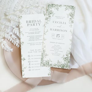 May include: Two wedding programs with floral borders. The left program reads "Bridal Party" and lists the wedding party and schedule. The right program says "Welcome to the Wedding of Cecilia and Harrison" with the date July 15, 2020, and the order of service.