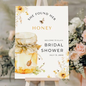 She Found Her Honey ブライダルシャワー ウェルカムサイン、編集可能な蜂をテーマにしたウェディングポスターテンプレート、花嫁から蜂へのデコレーション、即時ダウンロード、HB01