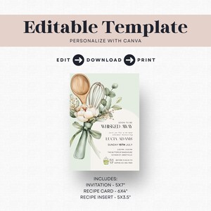Peut inclure: Mod&egrave;le de faire-part vert clair avec le texte &laquo;&nbsp;Mod&egrave;le modifiable&nbsp;&raquo; et &laquo;&nbsp;Personnaliser avec Canva&nbsp;&raquo;. Le faire-part pr&eacute;sente une illustration &agrave; l'aquarelle d'une cuill&egrave;re en bois, d'un fouet et de fleurs. Comprend une invitation, une carte de recette et un encart de recette.