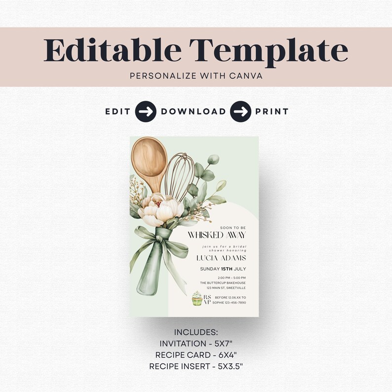 Peut inclure: Mod&egrave;le de faire-part vert clair avec le texte &laquo;&nbsp;Mod&egrave;le modifiable&nbsp;&raquo; et &laquo;&nbsp;Personnaliser avec Canva&nbsp;&raquo;. Le faire-part pr&eacute;sente une illustration &agrave; l'aquarelle d'une cuill&egrave;re en bois, d'un fouet et de fleurs. Comprend une invitation, une carte de recette et un encart de recette.