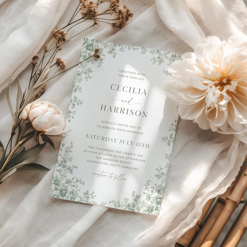Editable green toile wedding invitation template featuring sage chinoiserie floral design, vintage French toile de Jouy pattern, and traditional elegant wedding card style