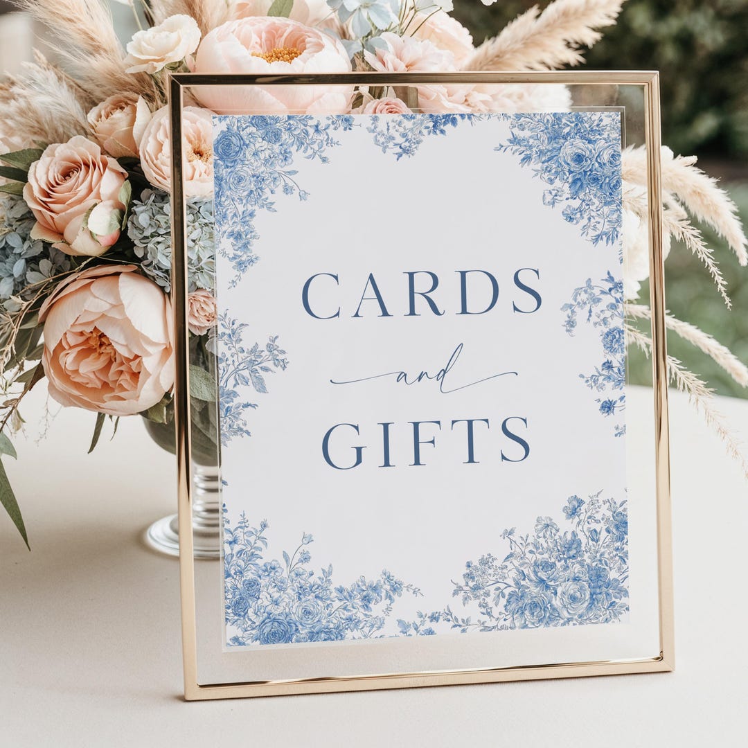 Toile Cards and Gifts Sign Template, Dusty Blue Gift Table Wedding Sign ...