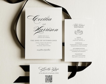 Könnte beinhalten: Elegante Hochzeitseinladungs-Suite mit schwarzem Band. Die Hauptkarte zeigt die Namen "Cecilia und Harrison" in Schreibschrift, zusammen mit Veranstaltungsdetails. Zusätzliche Karten enthalten Veranstaltungsort, Zeitplan und RSVP-Informationen.