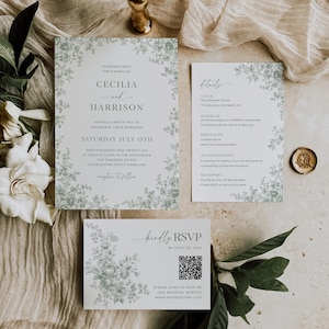 May include: A wedding invitation suite featuring three cards with floral accents. The main invitation includes the names "Cecilia and Harrison" and the date "Saturday July 15th." The RSVP card has a QR code and website address.