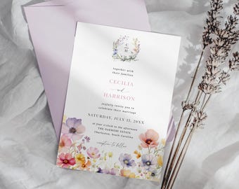 Wildflower Wedding Invitation Template, Editable Floral Monogram Invite, Boho Spring Garden Wedding Card, Printable Canva Template, C8