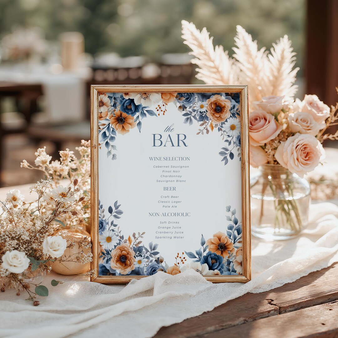 Dusty Blue Terracotta Bar Menu Sign, Burnt Orange Floral Wedding Bar ...