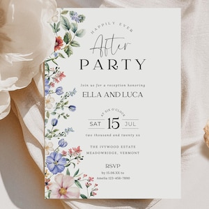 Inbjudan till "Lyckligtvis i alla sina dagar"-fest, modern blommig elopement-inbjudan endast för mottagning, redigerbar intim bohemisk bröllopsmall, E03