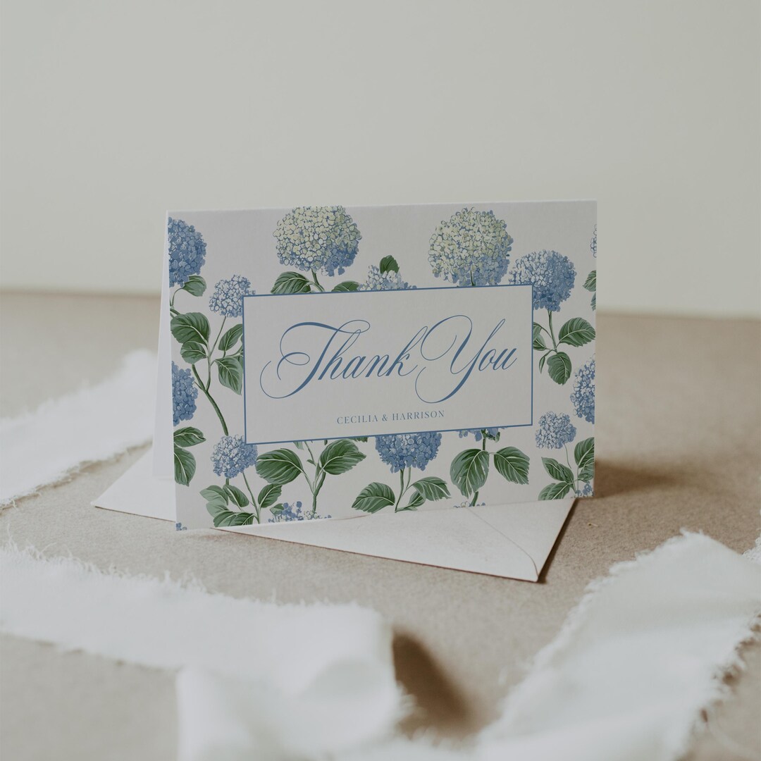 Blue Hydrangea Wedding Thank You Card | Folded Dusty Blue Floral Thank ...