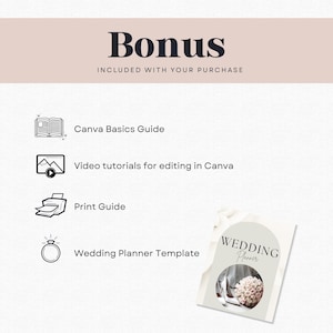Op de afbeelding: Een digitale trouwplanner-sjabloon met een bonus Canva Basics Guide, videotutorials en een printgids. De afbeelding toont het woord "Bonus" en de tekst "Inbegrepen bij uw aankoop". Een trouwplanner-sjabloon is zichtbaar.