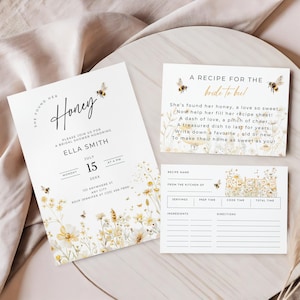 Elle a trouvé son lot de douche nuptiale au miel, carte de demande de recette de mariée aux abeilles, modèles modifiables sur le thème des abeilles, décoration de mariée bohème imprimable, HB01
