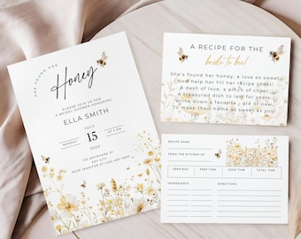 She Found Her Honey Bridal Shower Bundle, Bride to Bee Recipe Request Card, Editable Bee Theme Templates, Printable Boho Bridal Decor, HB01