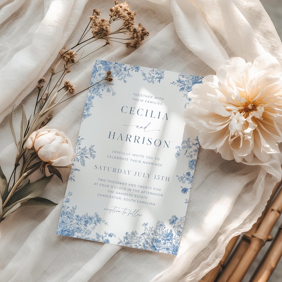 Toile Wedding Invitation Template, Dusty Blue Chinoiserie Invite, Traditional Floral Wedding Card, Vintage French Blue Toile de Jouy, C1