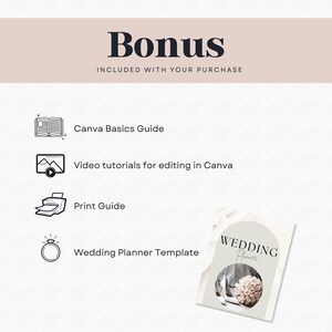 Peut inclure: Graphique beige clair avec le mot &laquo;&nbsp;Bonus&nbsp;&raquo; en police sombre. En dessous, le texte indique &laquo;&nbsp;INCLUS AVEC VOTRE ACHAT&nbsp;&raquo;. L'image comprend des ic&ocirc;nes et du texte pour un guide Canva, des tutoriels vid&eacute;o, un guide d'impression et un mod&egrave;le de planificateur de mariage.