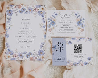 Könnte beinhalten: Hochzeitseinladungs-Set mit floralen Designs in Blau, Rosa und Weiß. Die Einladung enthält die Namen Cecilia und Harrison, das Hochzeitsdatum und den Ort. RSVP- und Detailkarten sind ebenfalls enthalten.