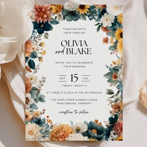 Faire-part de mariage turquoise foncé et orange brûlé, modèle floral en terre cuite, invitation botanique automne modifiable, carte imprimable automne Boho, OL02