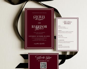 Conjunto de invitaciones de boda en tonos burdeos con dinero antiguo / Conjunto de invitaciones rojas de lujo con código QR / Paquete de boda atemporal / Plantilla imprimible / C36