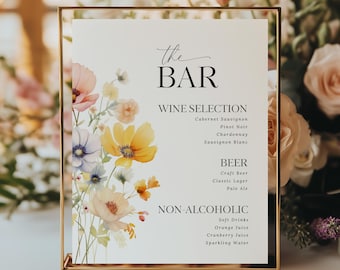 Letrero de bar con flores silvestres, menú floral de bebidas para bodas, decoración editable para mesa de recepción, menú de bar con flores de primavera, plantilla imprimible de Canva, C8