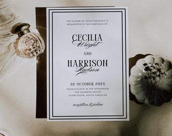 Classic Old Money Wedding Invitation | Black and White Elegant Wedding Invite | Formal Luxury Wedding Card | Printable Canva Template | C21