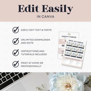 Op de afbeelding: Een afbeelding met de tekst "Edit Easily in Canva" en opsommingstekens met details over functies zoals eenvoudige tekstbewerking, onbeperkte downloads, instructies en afdrukopties. Een laptop, instructies en een bloem zijn ook zichtbaar.