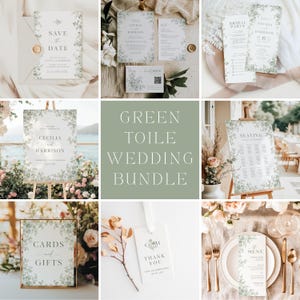Könnte beinhalten: Eine Sammlung von Hochzeitsbriefpapier mit einem grünen Blumendesign. Enthält Einladungen, RSVP-Karten, Menüs und Beschilderungen. Der Text "Green Toile Wedding Bundle" wird in der Mitte des Bildes angezeigt.